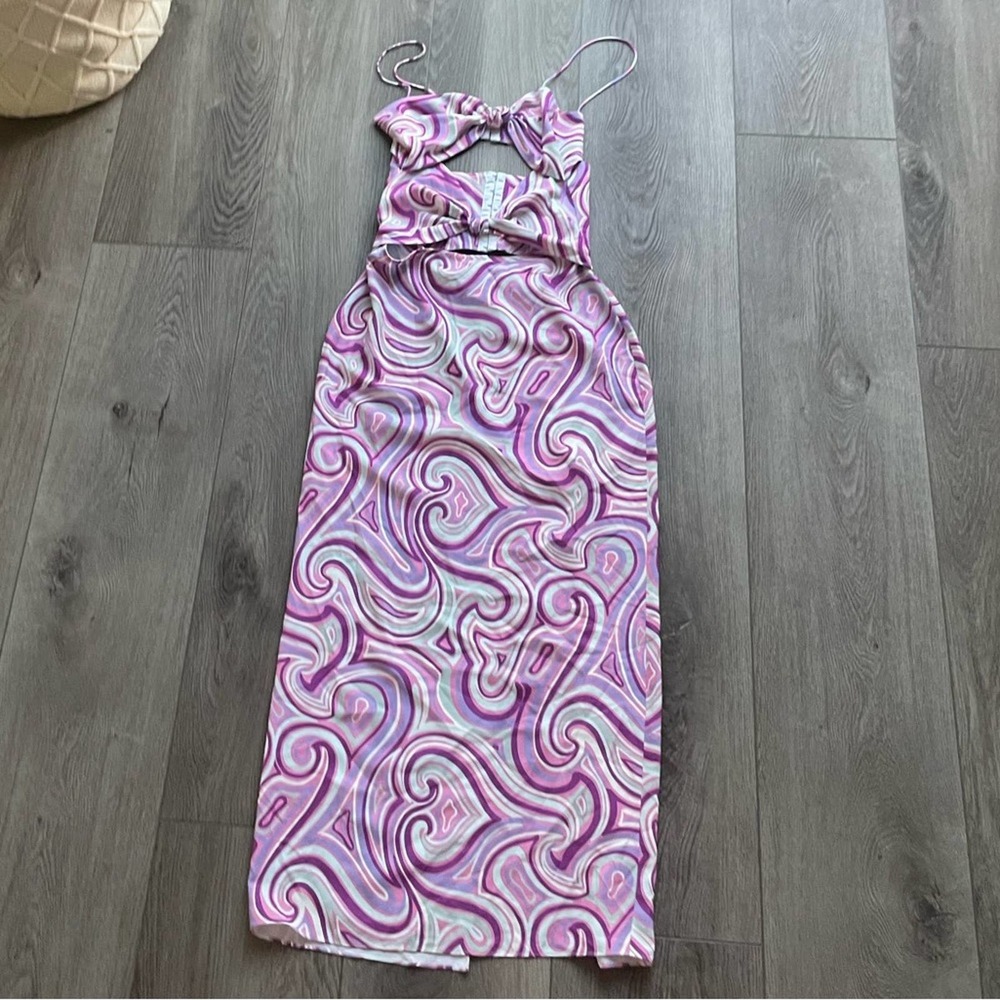 Ronny Kobo Kosta Purple Abstrac Swirl Cut Out Midi Sun Dress Size Small NEW